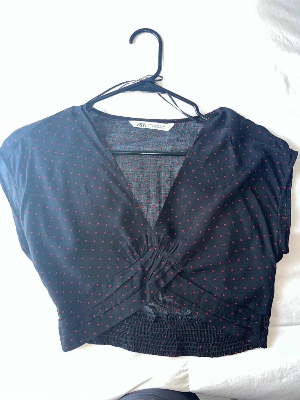 Zara Black Cropped Wrap Top with Red Polka Dot Print